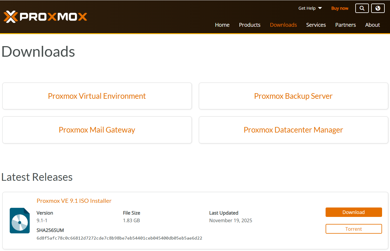 Proxmox download page